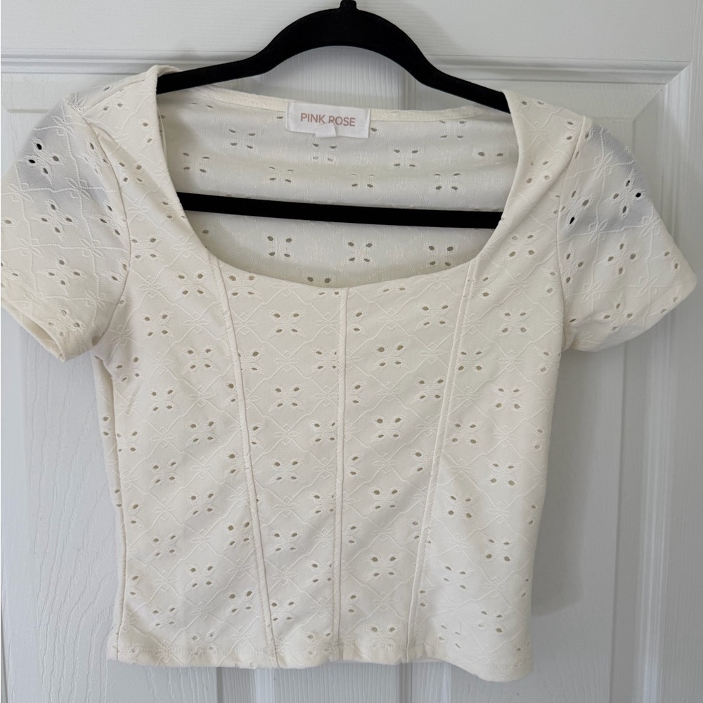 Pink Rose Cream Eyelet Square Neck Crop Top